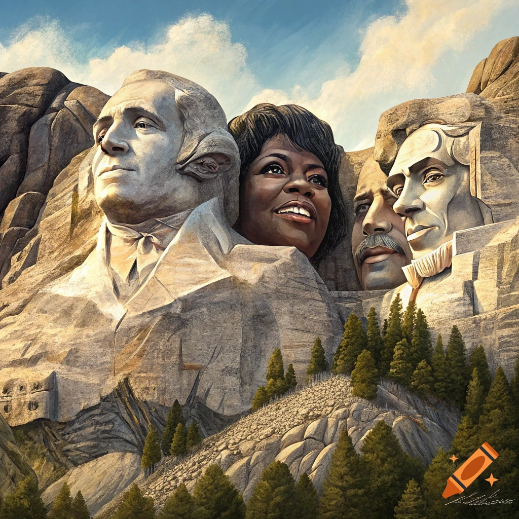 Carved faces resembling people on a mountain, like Mount Rushmore.