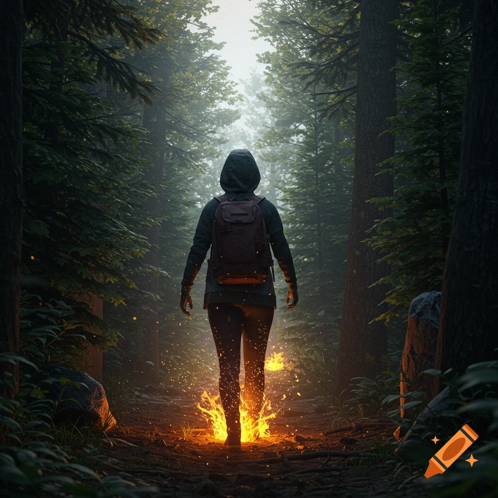 A person with a backpack walks through a dark forest path, with flames and sparks rising around their feet.
