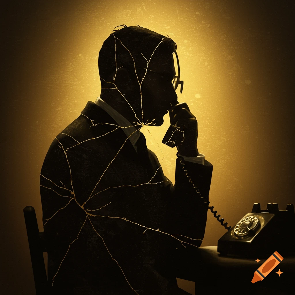Silhouette of a man with gold kintsugi cracks, talking on an old telephone.