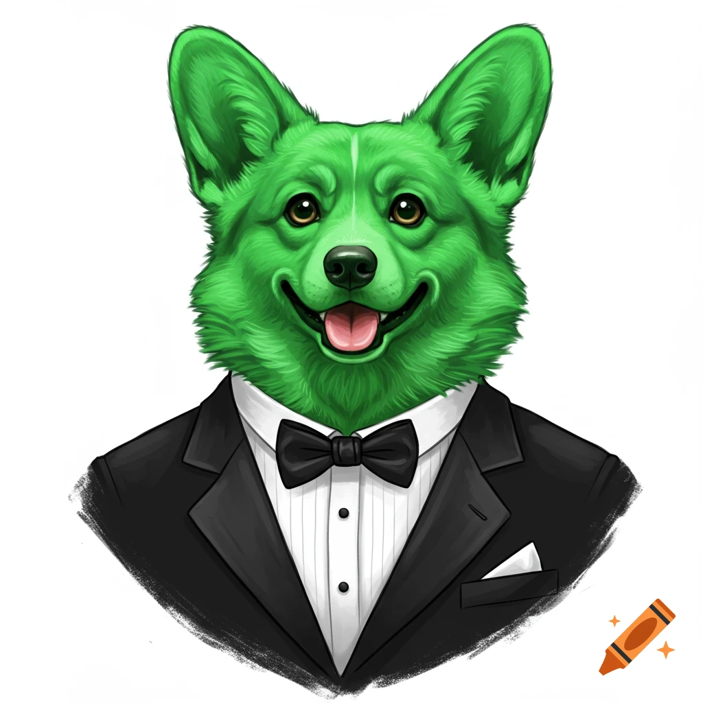 A green corgi wearing a tuxedo