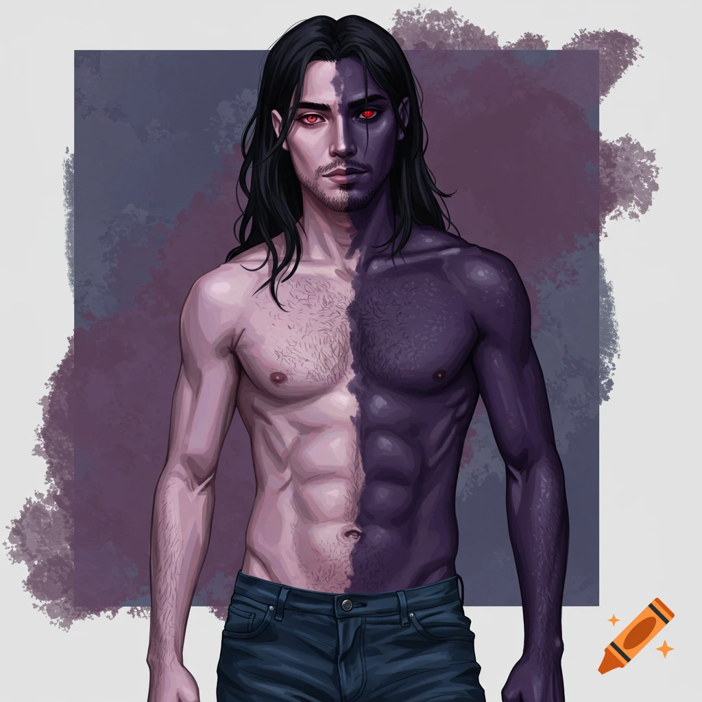 A man with split pale and purple skin, long black hair, and red eyes, wearing jeans.