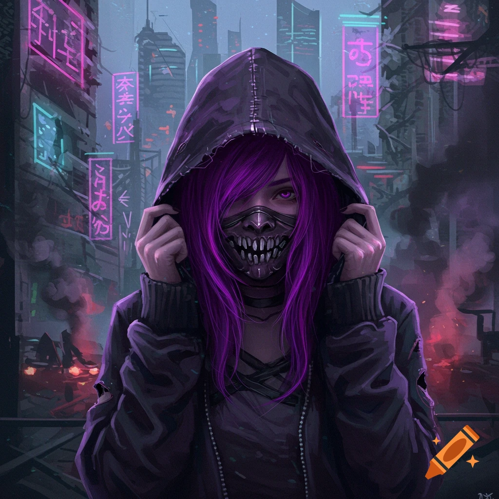 A girl with purple hair, hoodie, and mask in a dark cyberpunk city with neon signs.