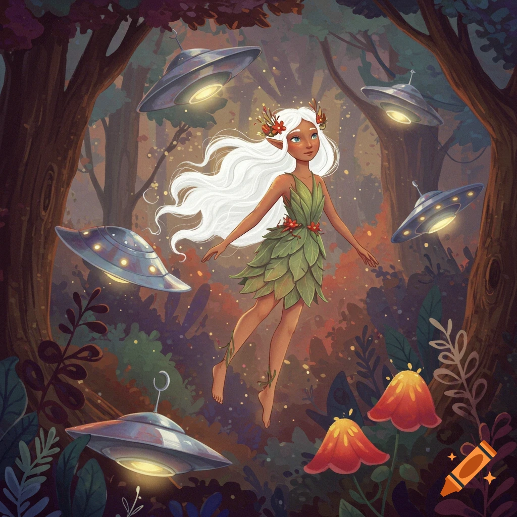 A white-haired fairy in a leaf dress floats among flying saucers in a forest.