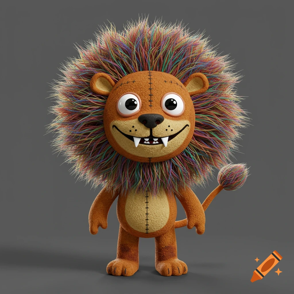 A cartoon stuffed lion with multicolored yarn mane and stitches on a gray background.