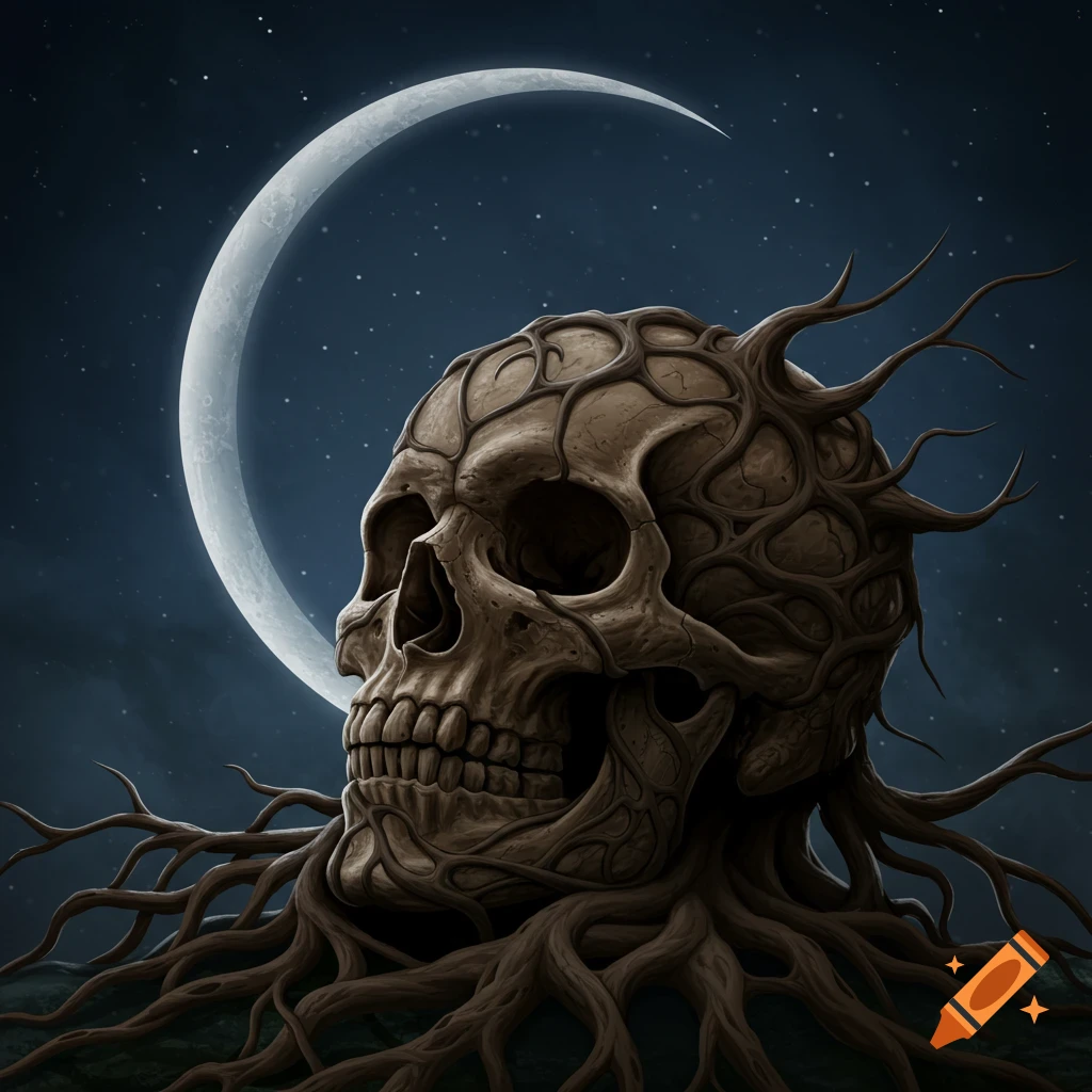 A root skull with roots is silhouetted against a starry night sky with a crescent moon.
