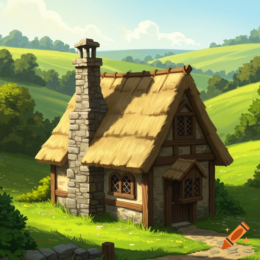 A small stone and timber medieval house with a thatched roof nestled in a lush green hilly landscape.