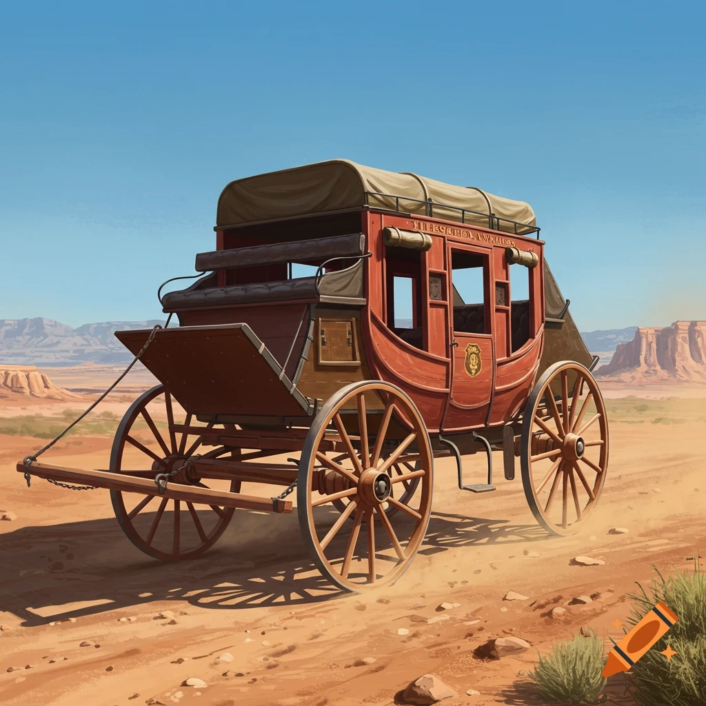 A red stagecoach travels on a dusty road through a desert landscape under a clear blue sky.