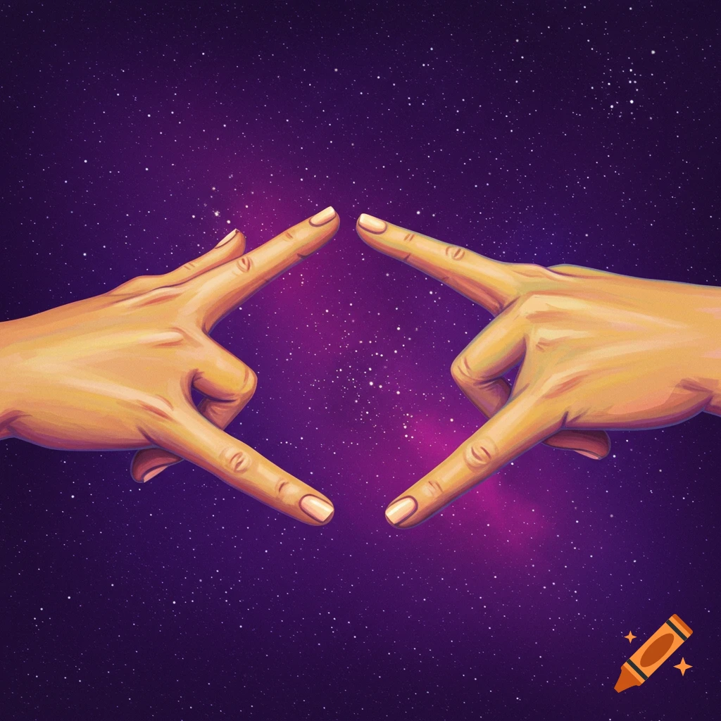 Two hands with fingers pointing towards each other to form a diamond shape against a starry purple space background.