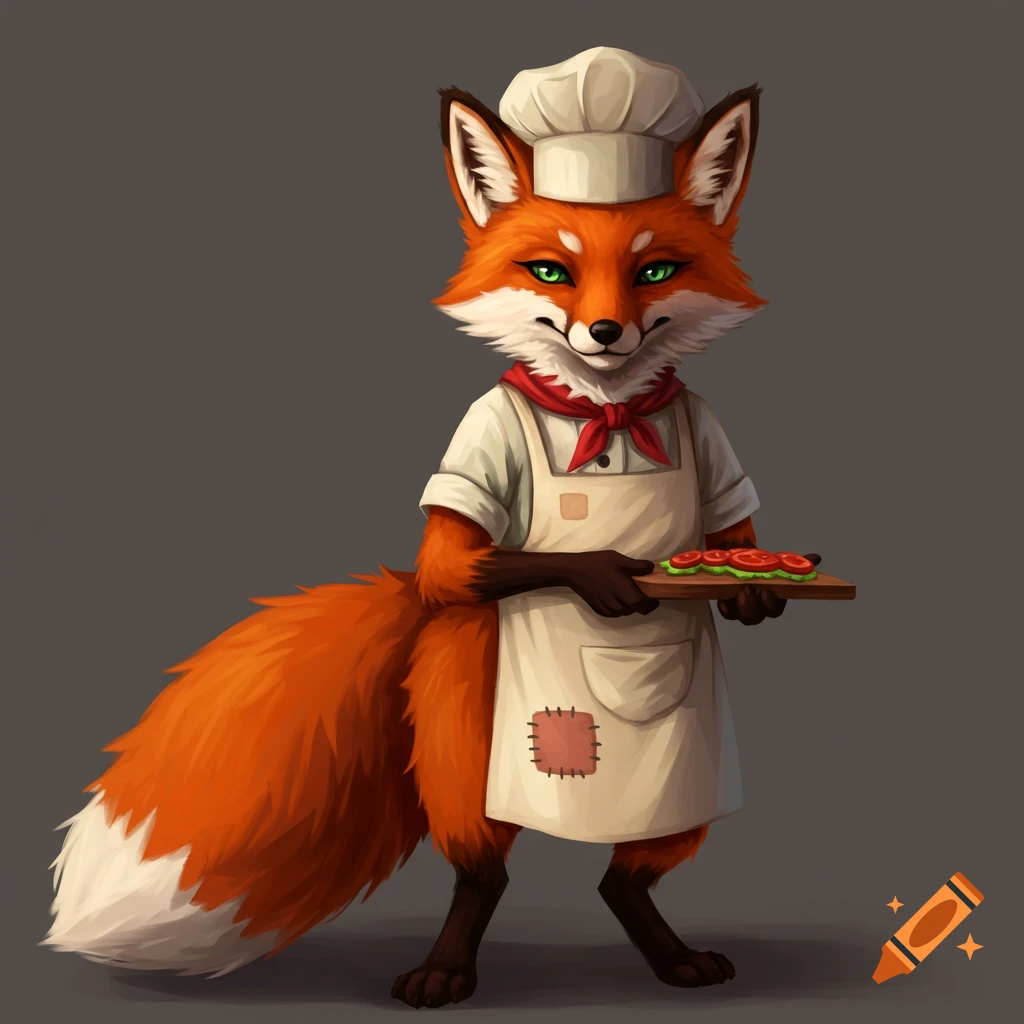 A fox dressed as a chef holds a plate of sliced tomatoes.