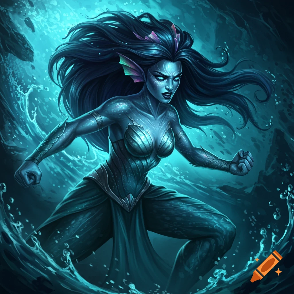 Powerful blue-skinned water creature fighting in water.