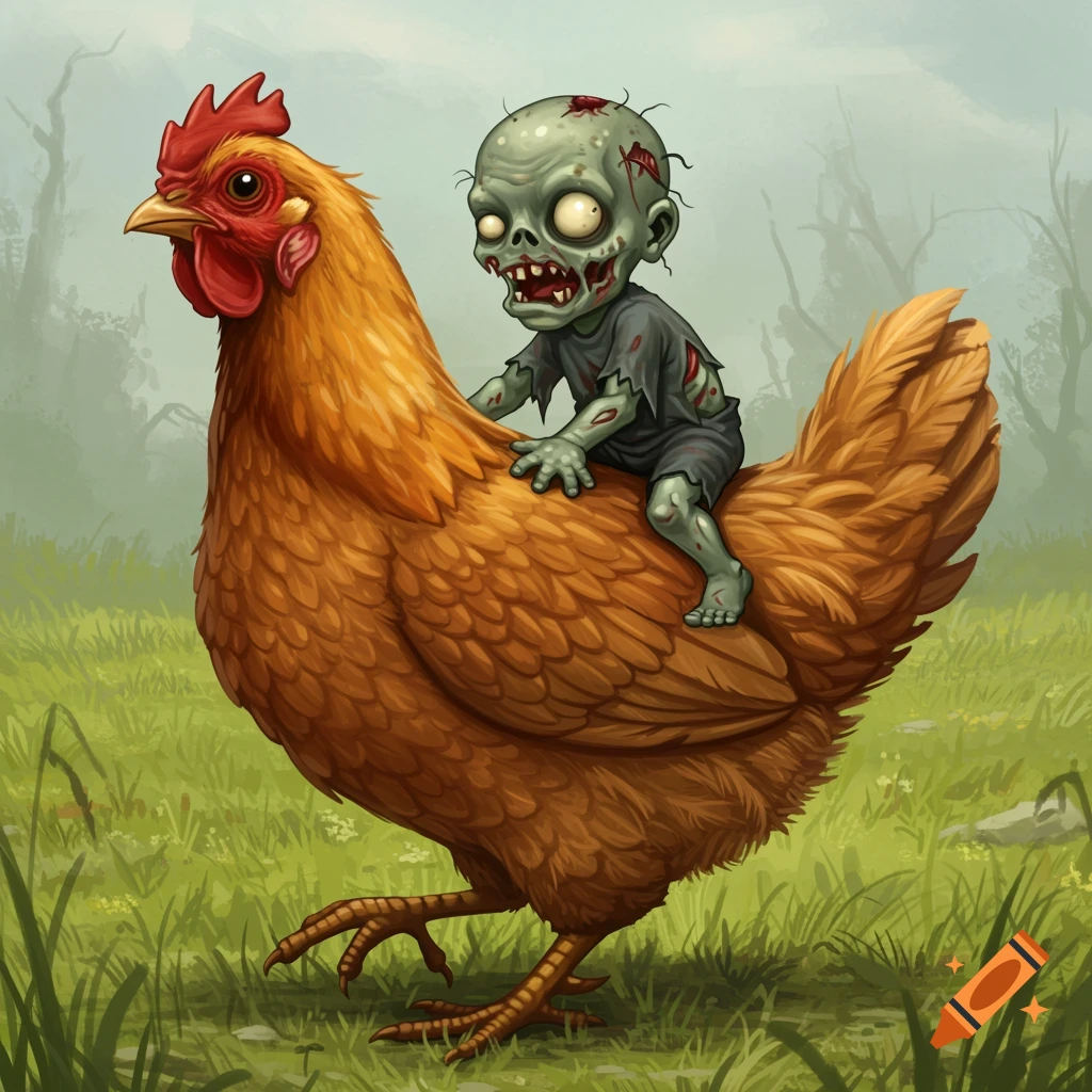 A cartoon baby zombie rides on the back of a hyperrealistic chicken in a grassy field.