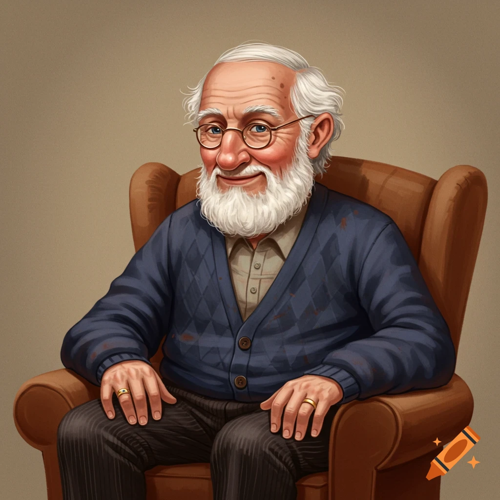 A smiling old man with a white beard and glasses sits in a brown armchair.