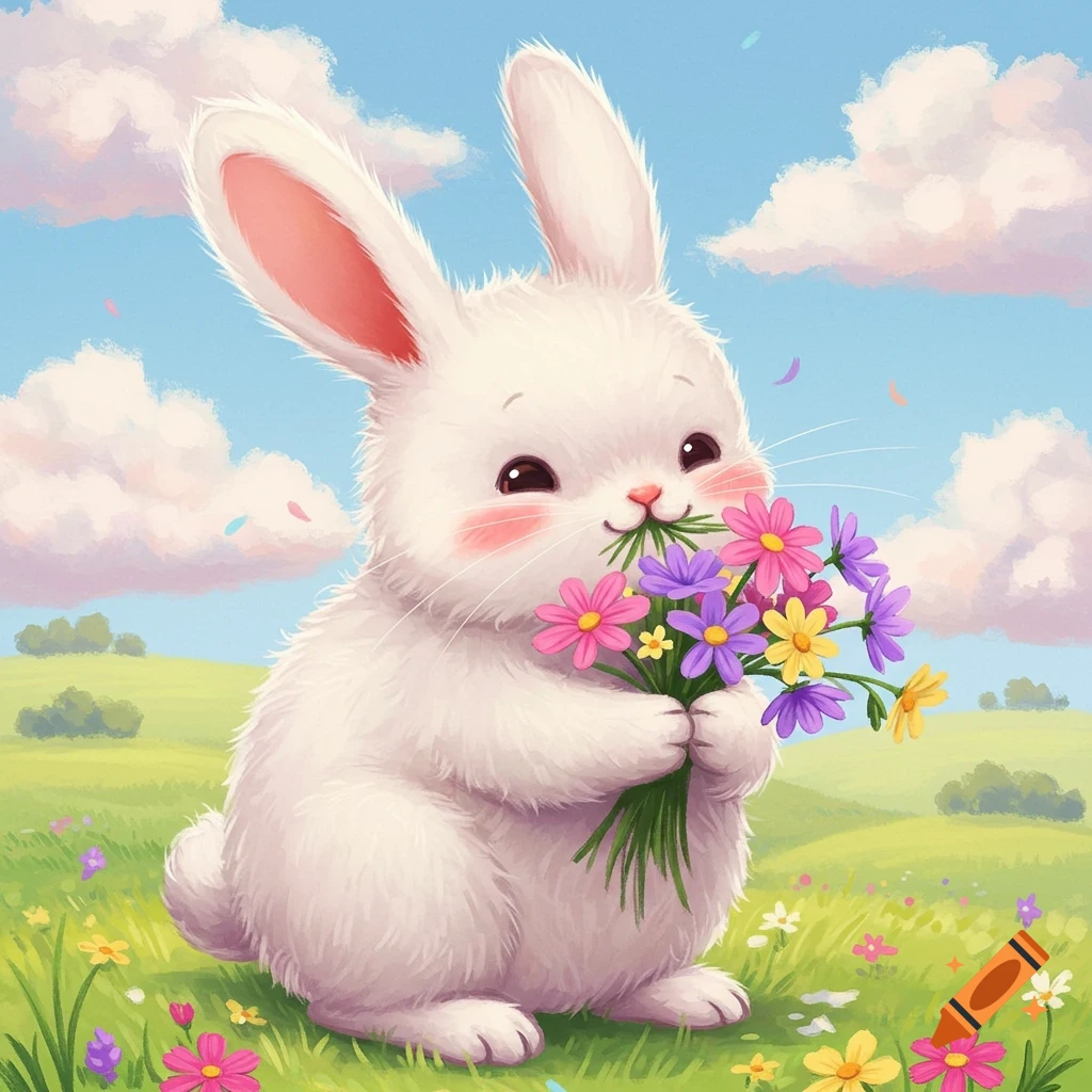 Cute white bunny holding colorful flowers in a grassy field