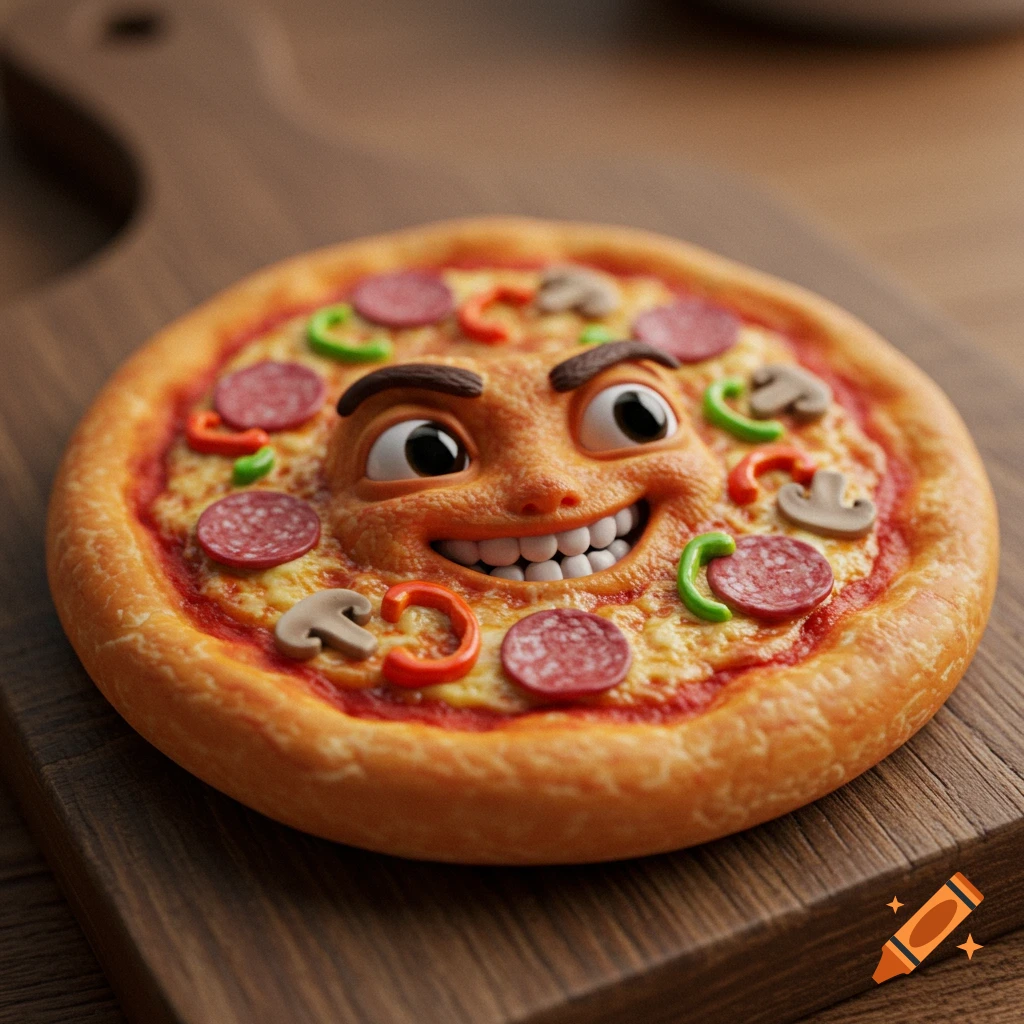 A cartoon mini pizza with a happy face on a wooden board.