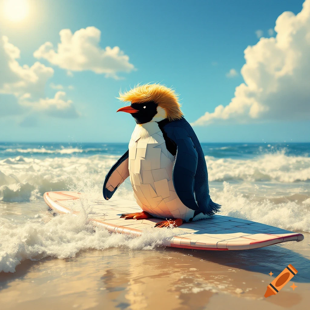 A penguin rides a surfboard on a beach. Digital art.