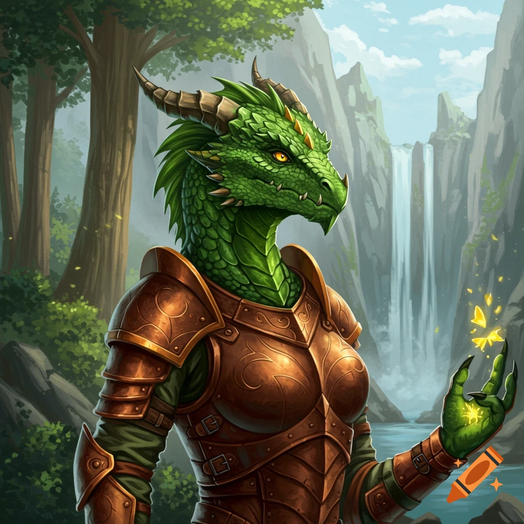 Slim green dragonborn lizard fighter holding a spear in fantasy armor ...