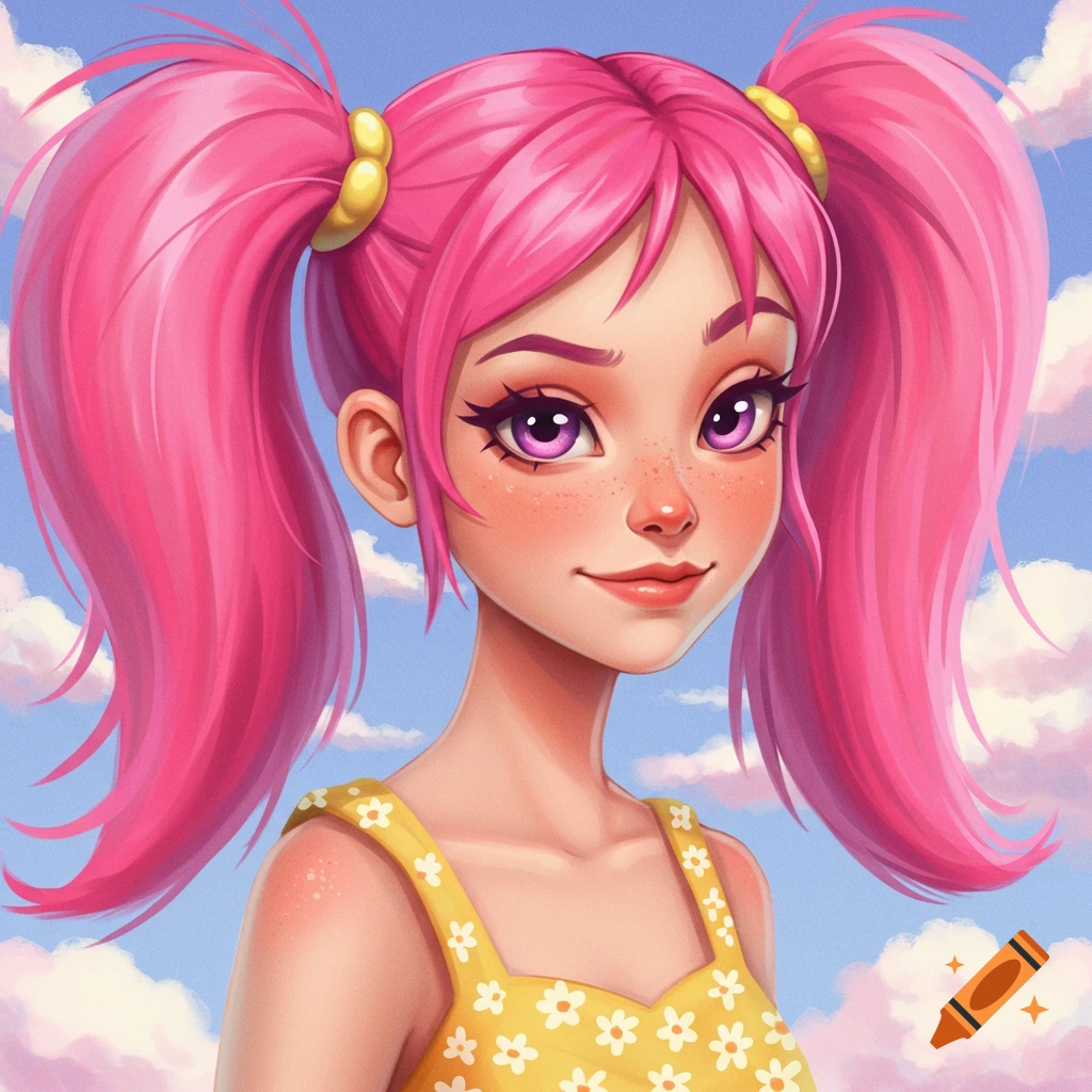 A girl with pink pigtails and a yellow dress stands against a sky background.