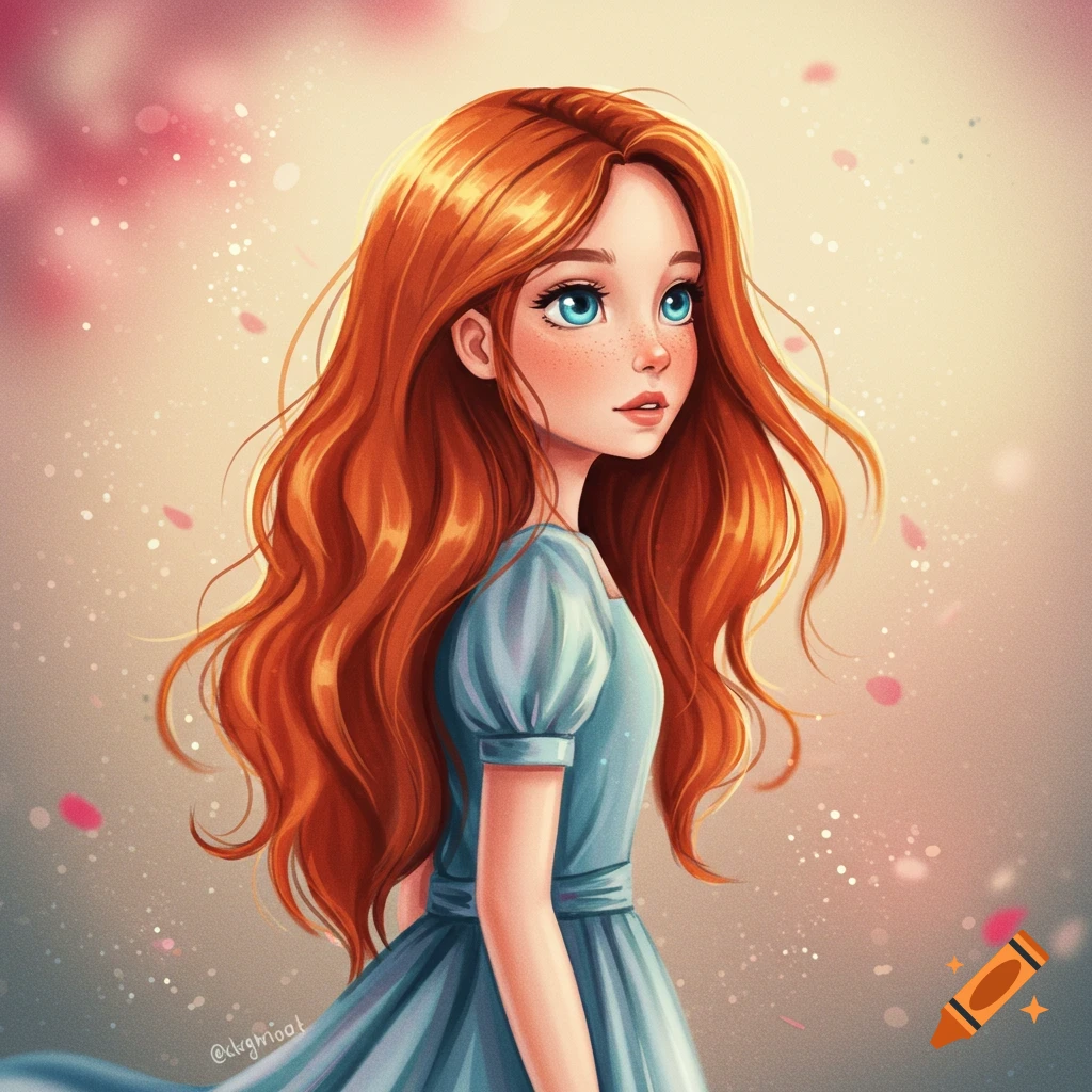 A red-haired girl with blue eyes and freckles is looking left. She is wearing a blue dress and there are floating petals in the soft background.