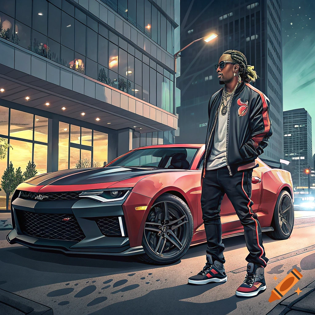 An illustration of a man standing beside a red sports car on a city street at dusk.