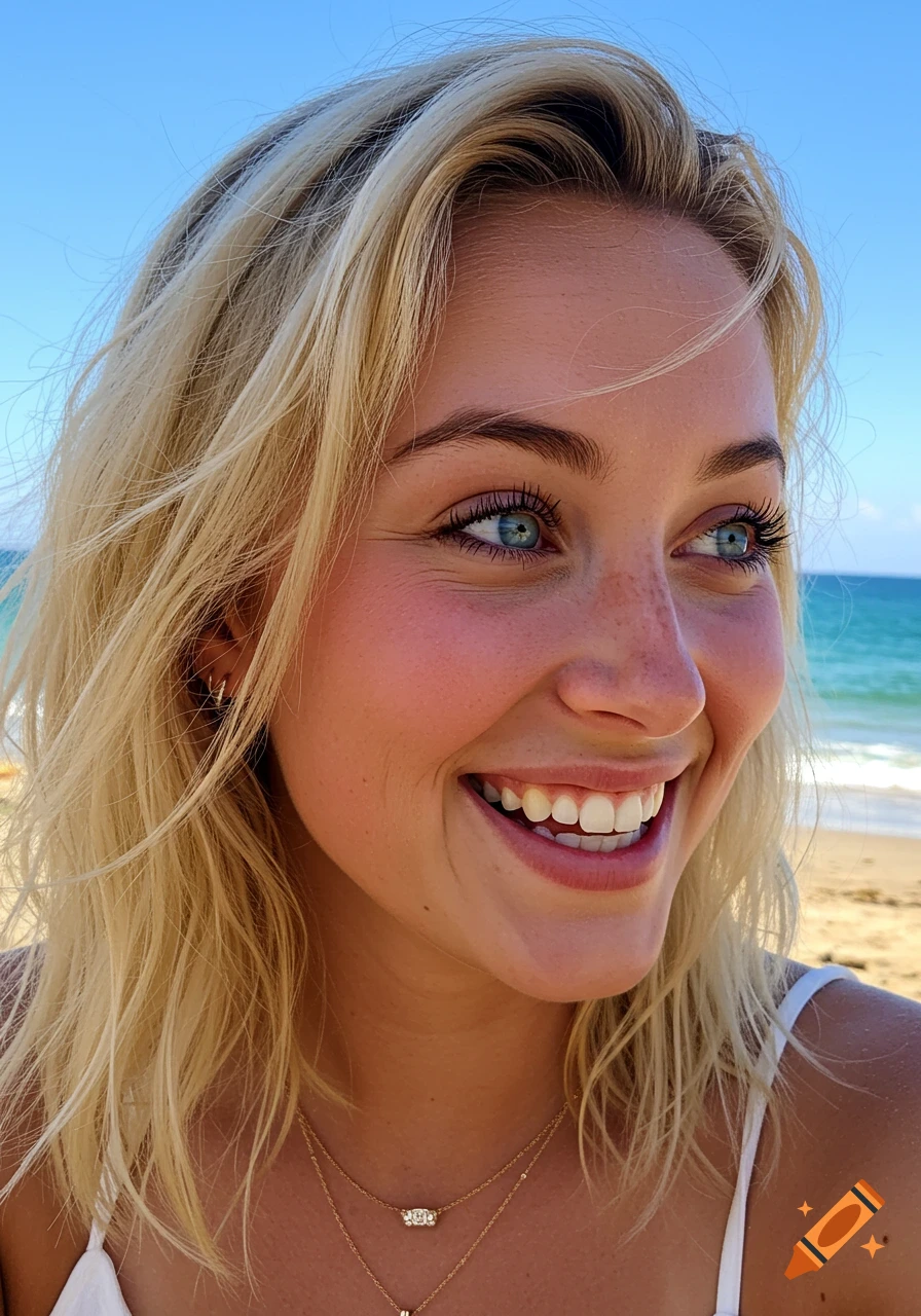 Closeup portrait of a young blonde woman smiling with blue eyes on a sunny beach.