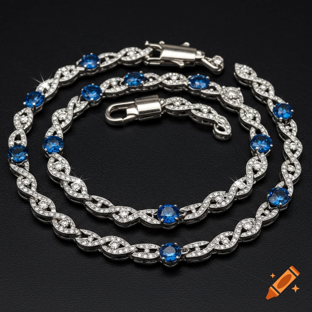 Diamond chain with blue and white stones on a black background.