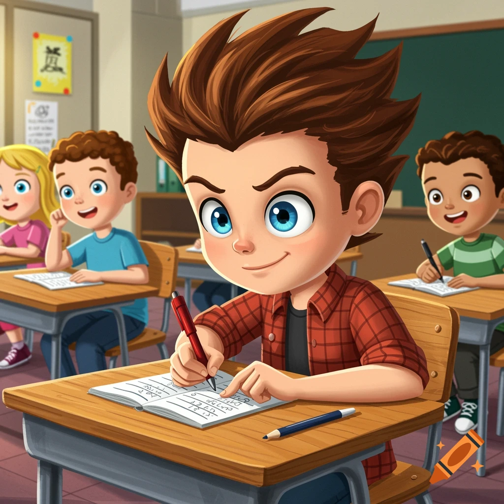 Cartoon illustration of a boy writing in a notebook in a classroom with other students.