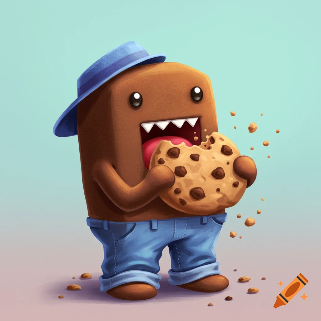 Domo character wearing a hat and jeans, eating a chocolate chip cookie.
