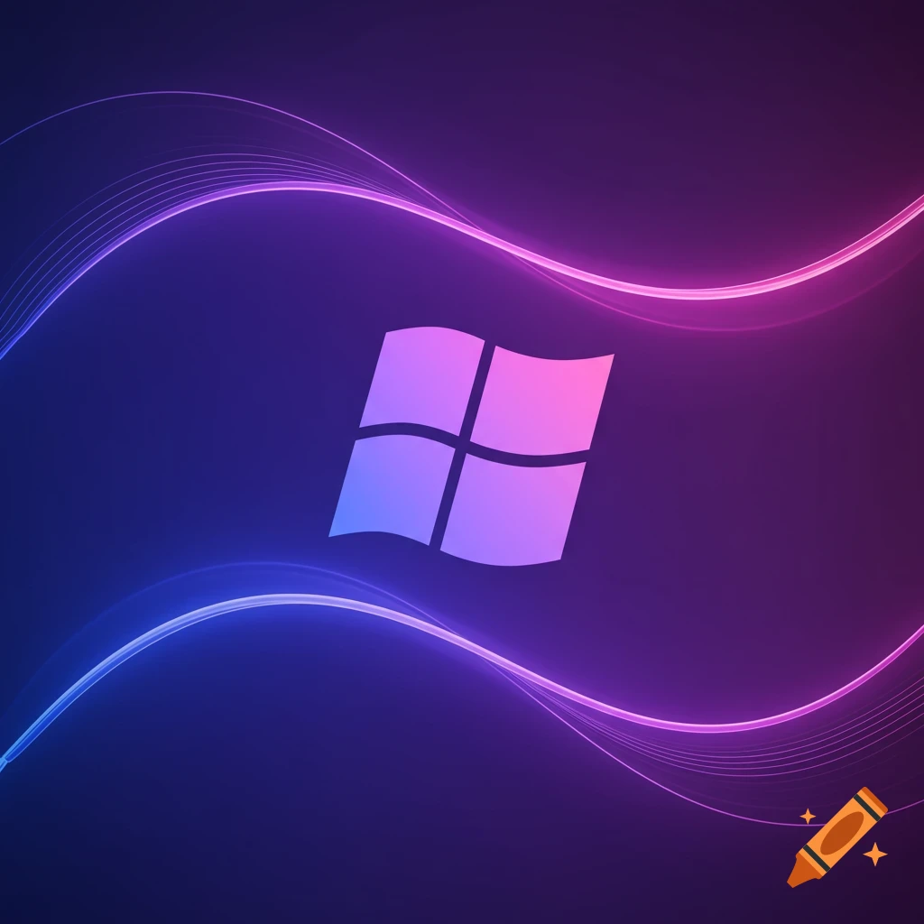 Windows logo in purple and blue against a dark background with wavy glowing lines.