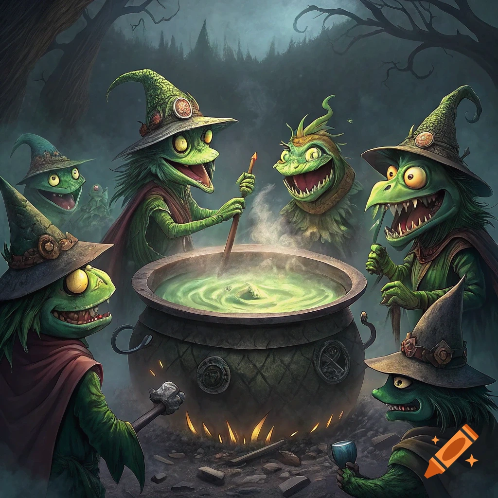 Green, monster-like creatures in witch hats gather around a bubbling cauldron in a dark forest.