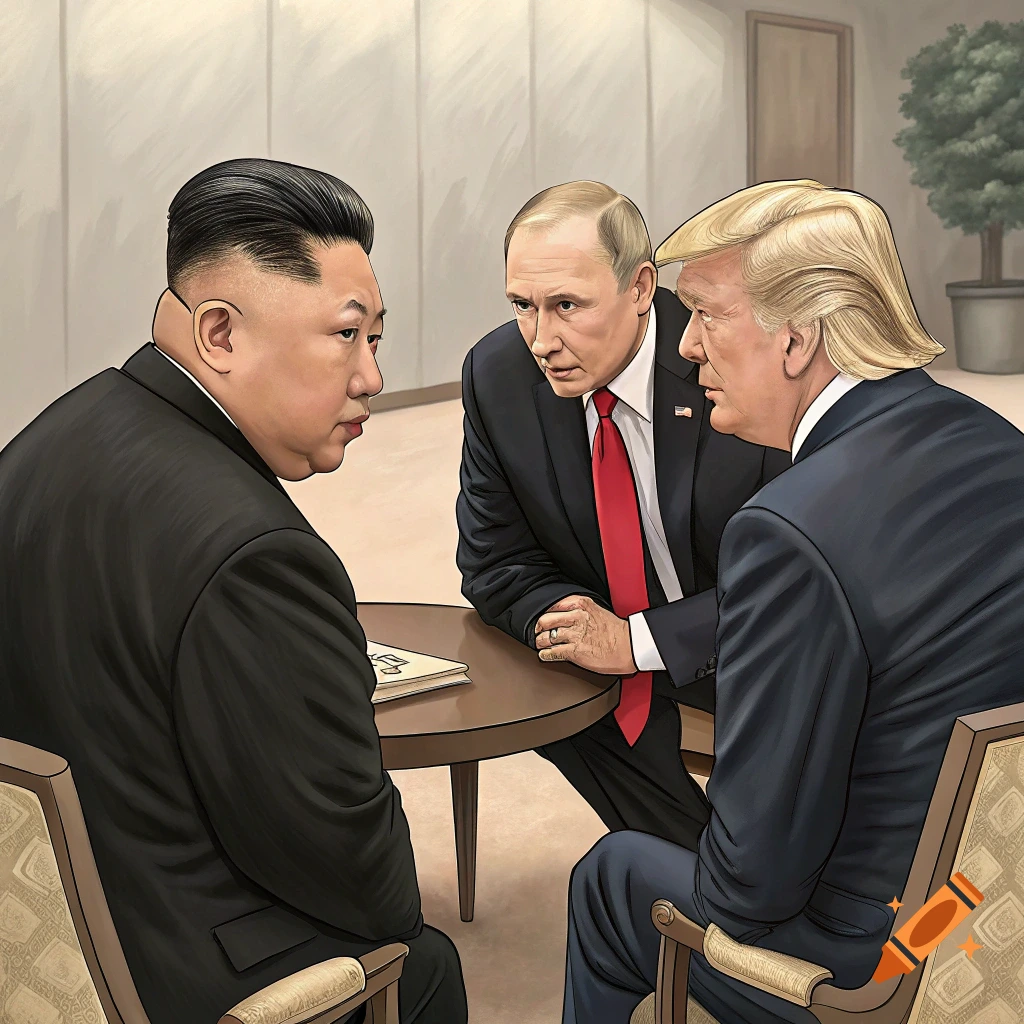 Illustration of Kim Jong Un, Vladimir Putin, and Donald Trump meeting at a table.
