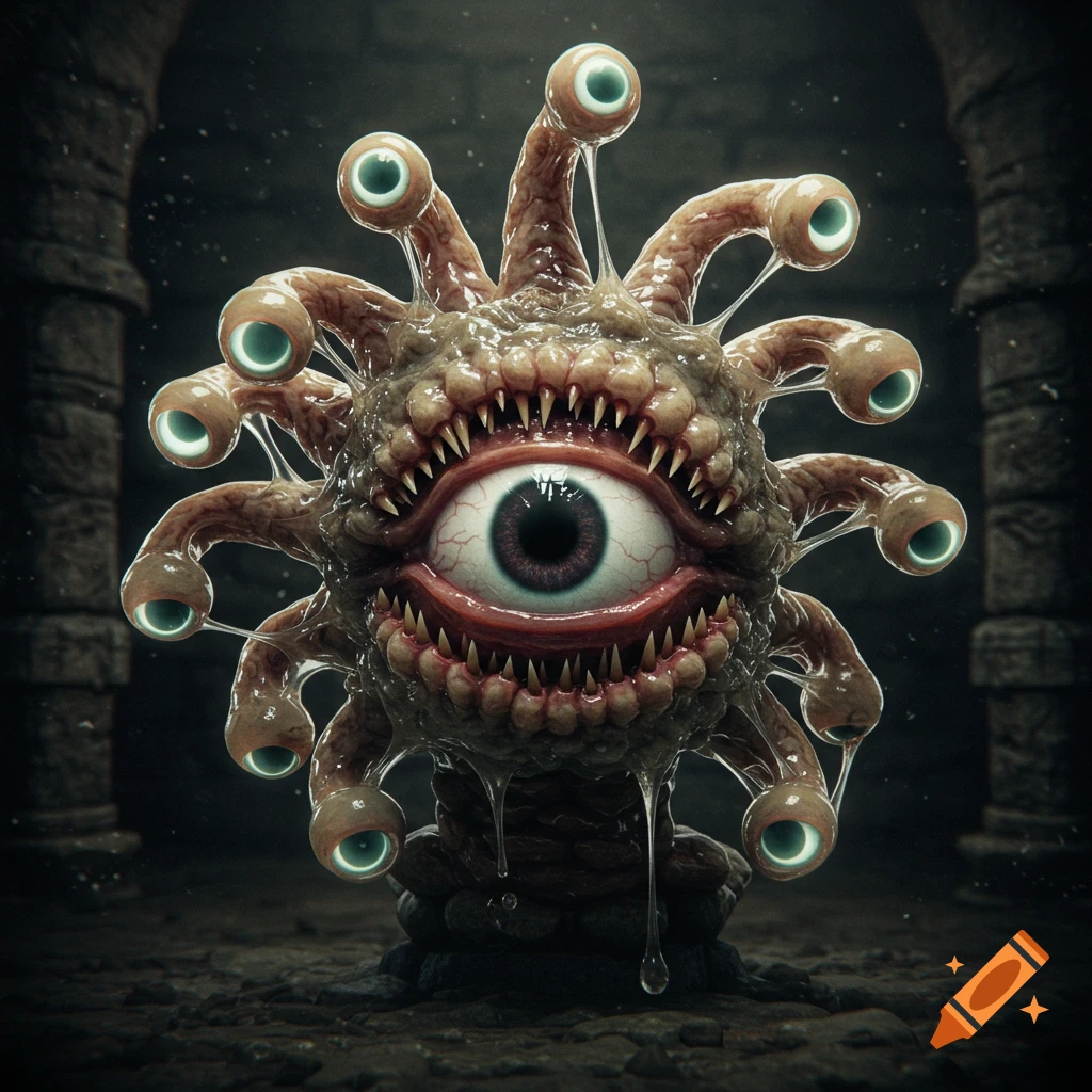 A slimy fantasy monster with one large eye and many smaller eyes on stalks, teeth, in a dark dungeon.