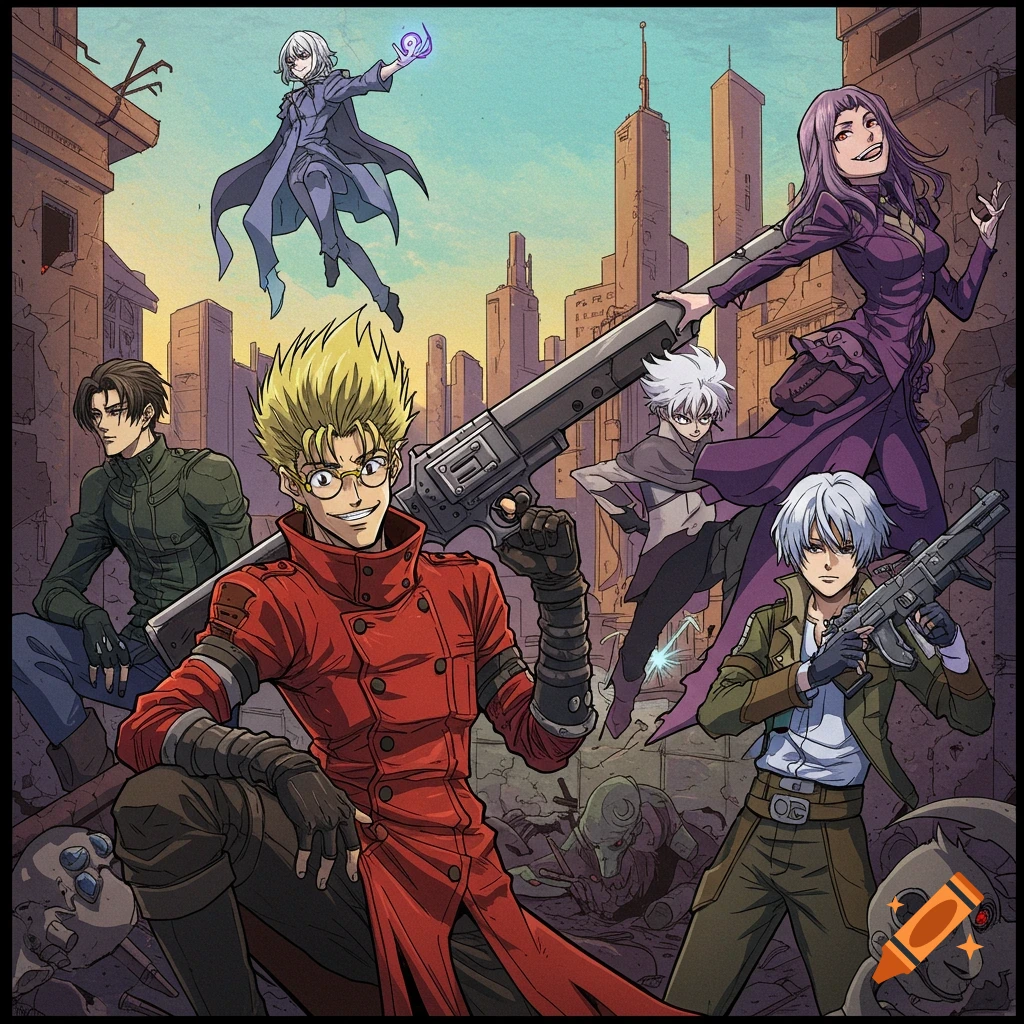 Several anime characters including one in a red coat and glasses, with weapons, in a ruined city.