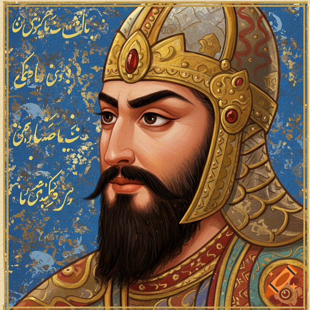 A man in golden armor and helmet against a blue background with decorative text.
