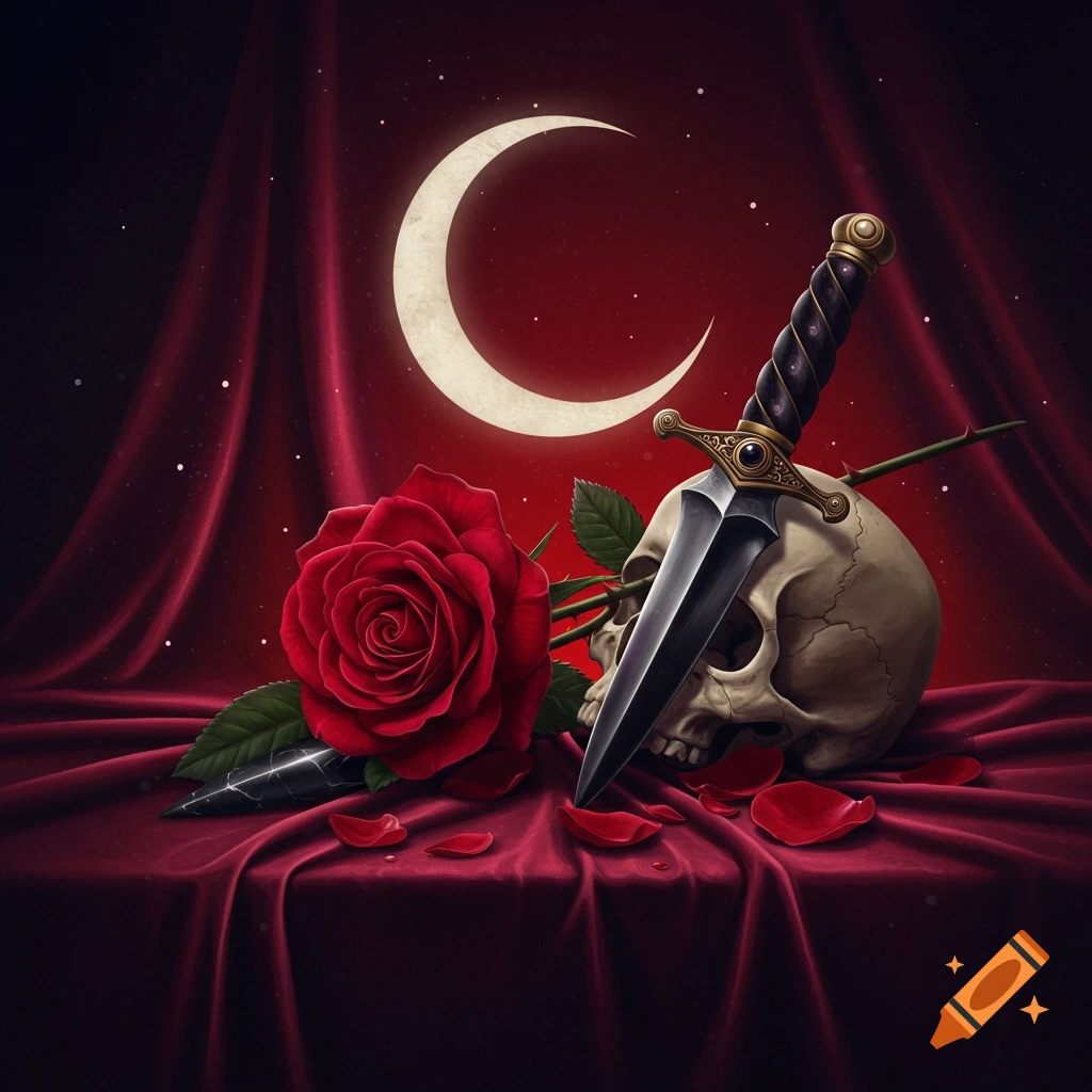Still life of a skull with a dagger, a red rose, and a crescent moon on red velvet.