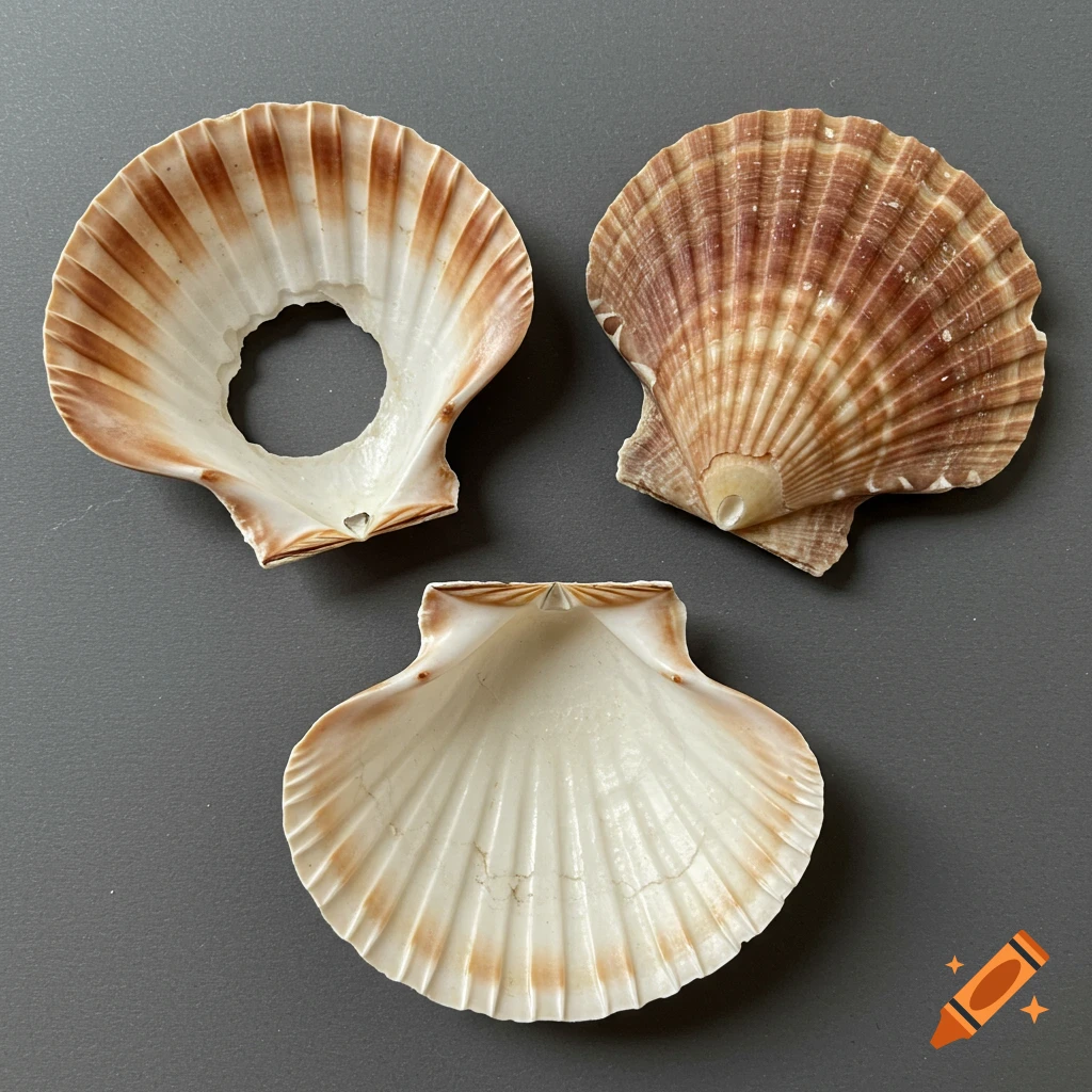 Three scallop shells on a grey background.