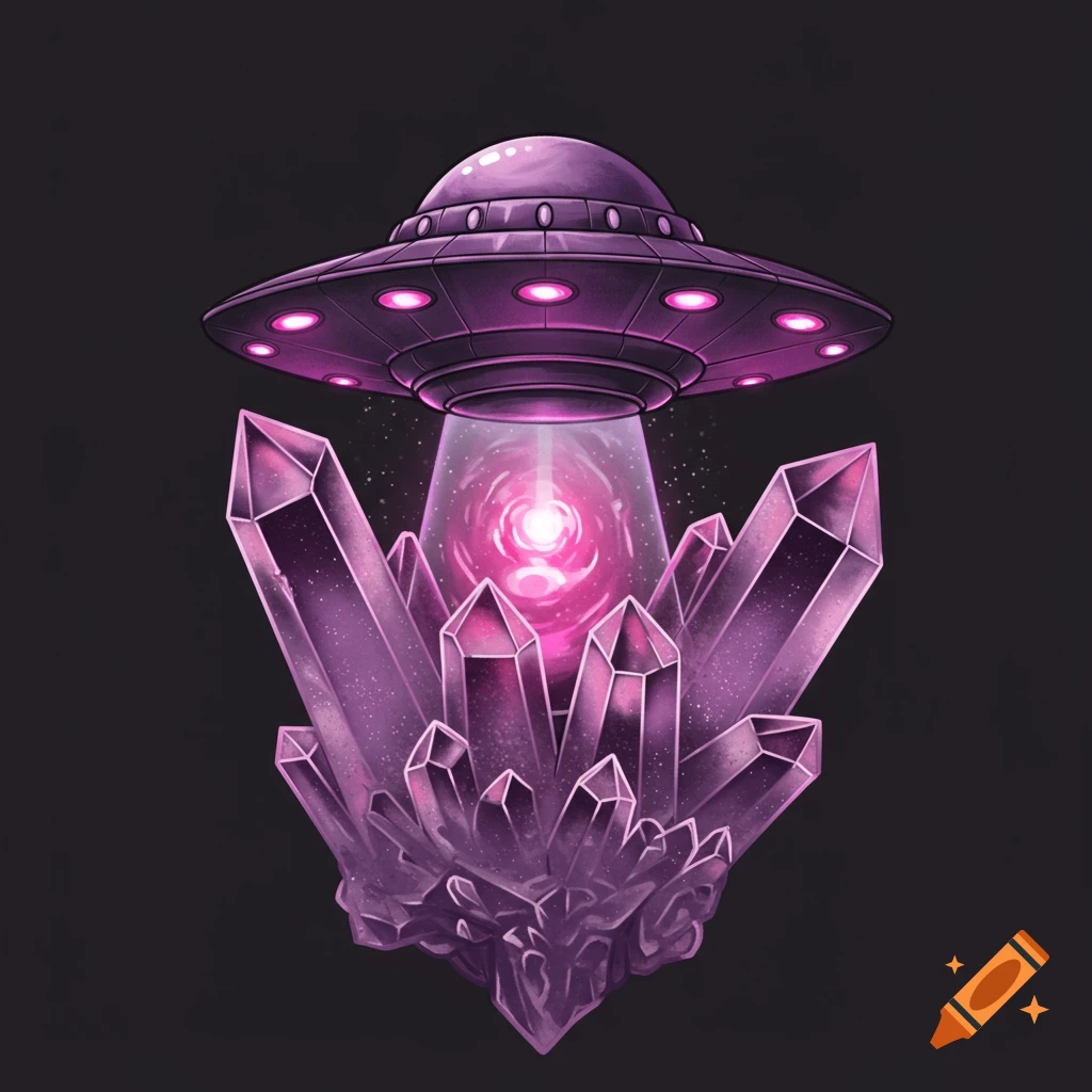 A purple UFO beams light onto a cluster of purple crystals.