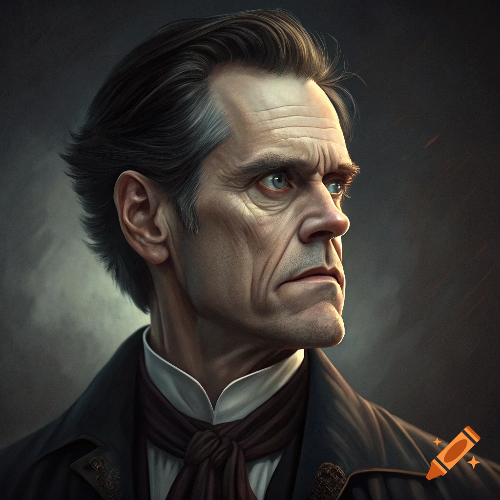 Detailed portrait of a stern man in historical clothing