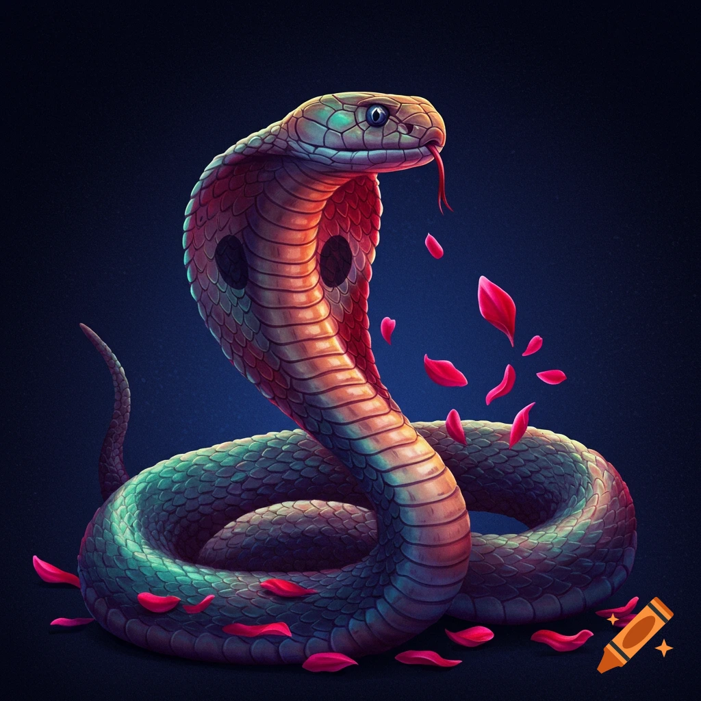 A cobra with its hood raised, surrounded by red flower petals.