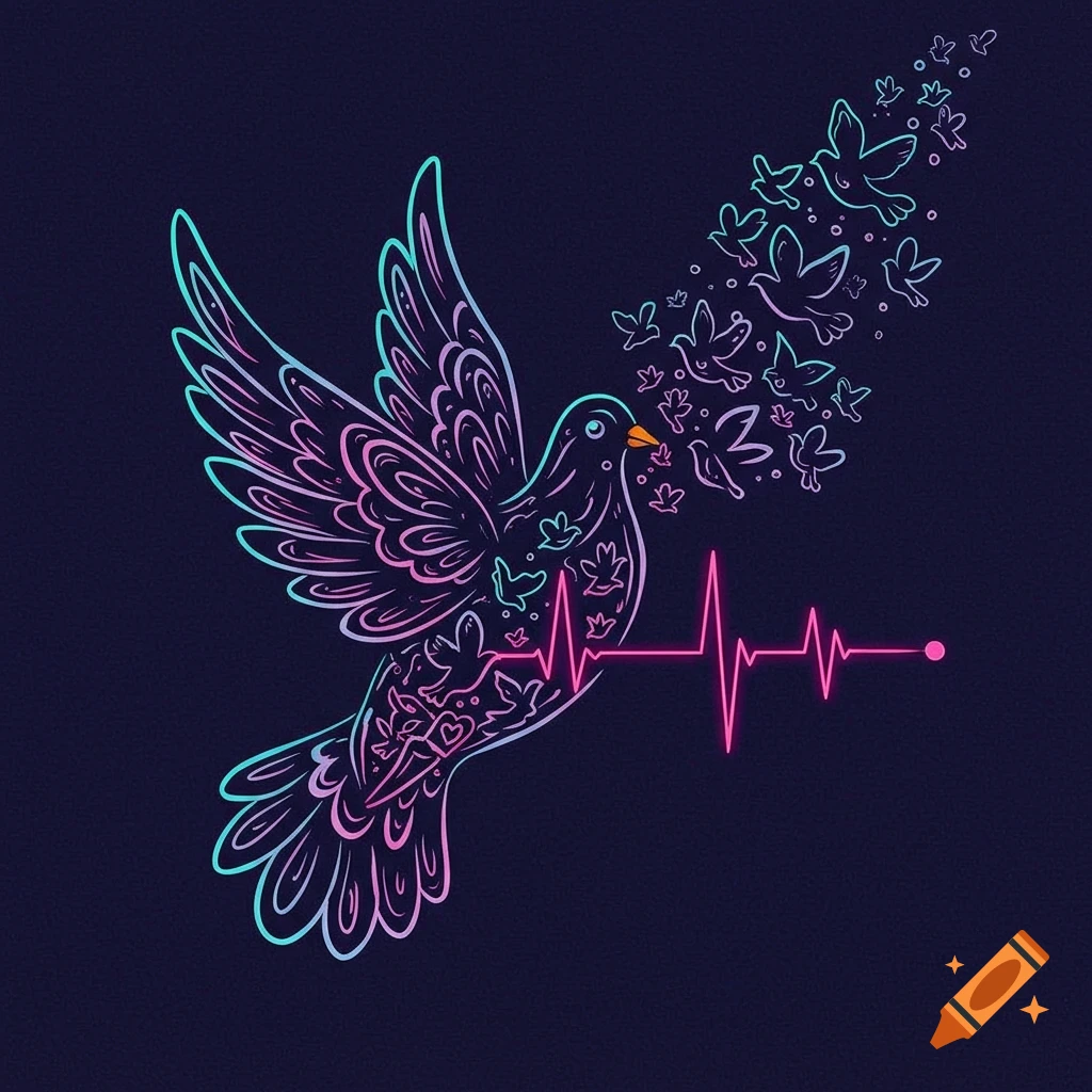Neon outline illustration of a dove with a heart monitor line changing into smaller flying birds.
