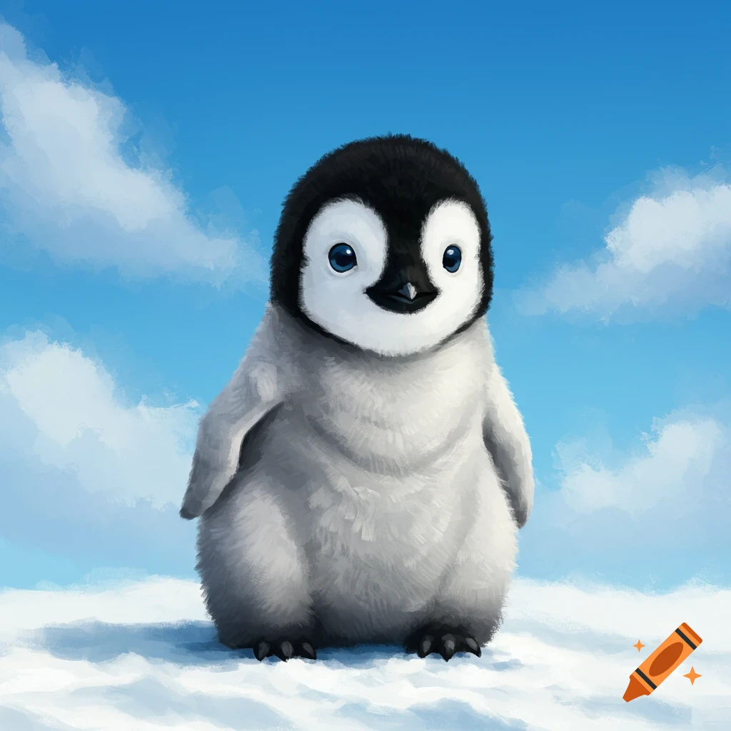 A cute baby penguin stands on snow under a blue sky with clouds.