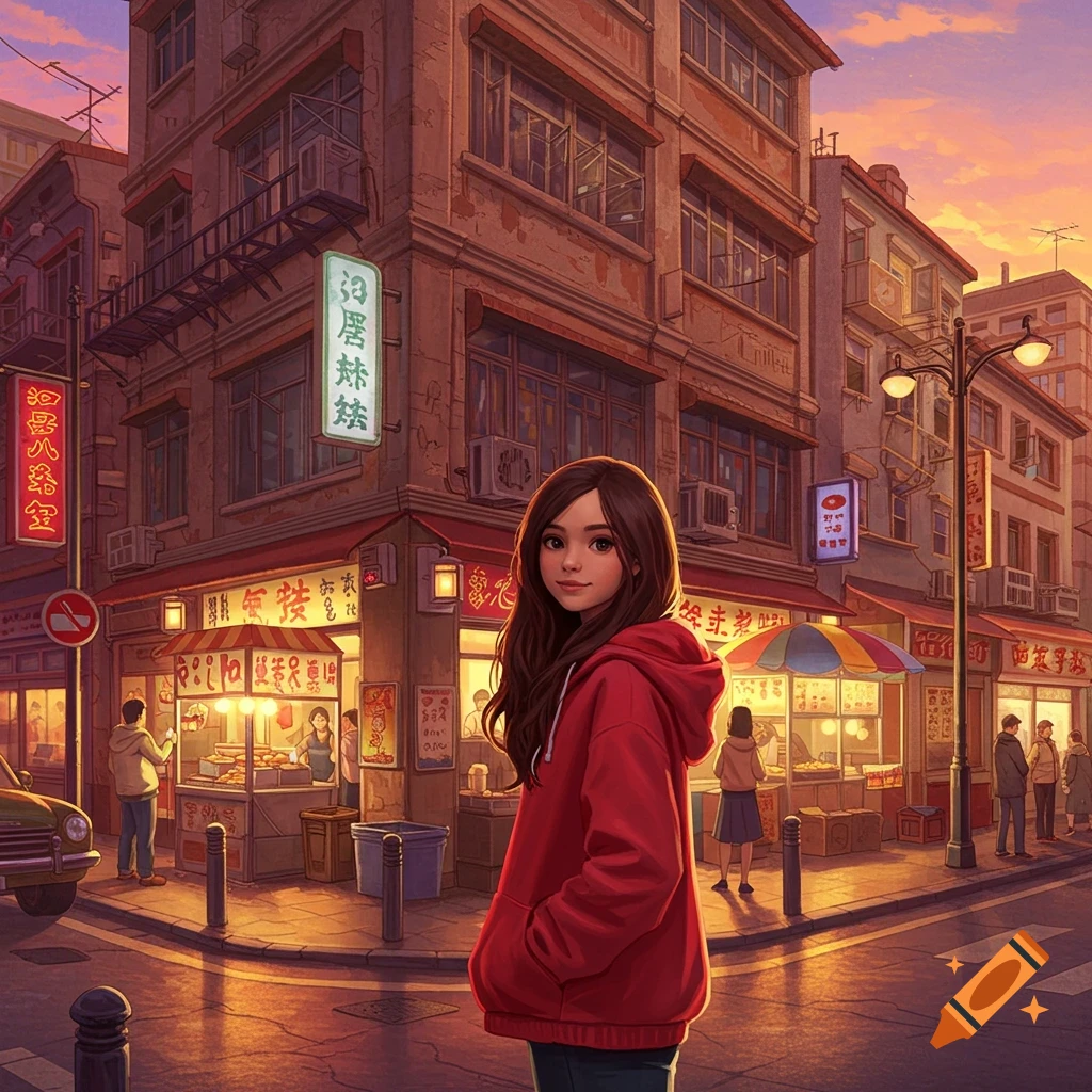 A girl in a red hoodie is standing on a city street corner at sunset.