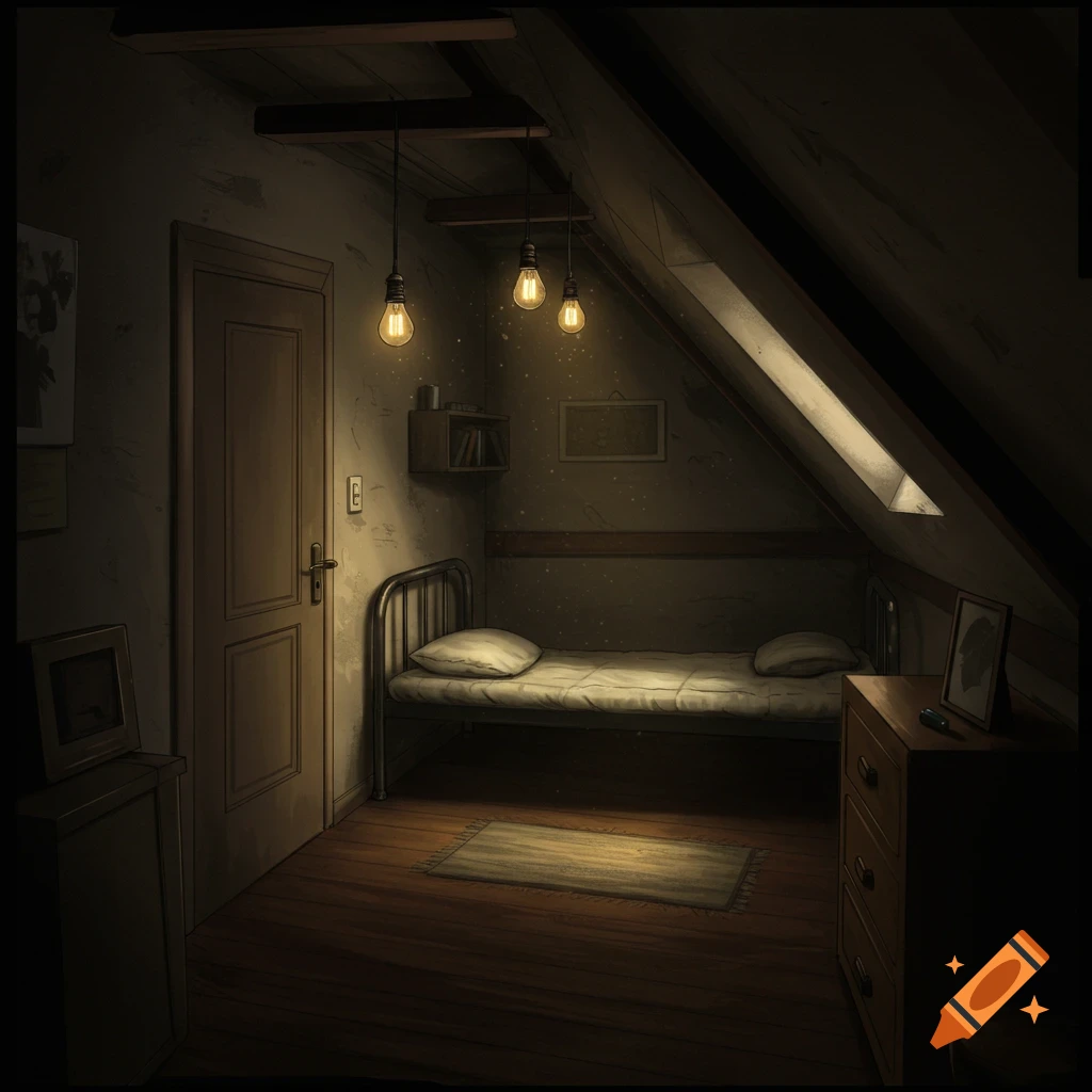 A dimly lit attic room with a bed, dresser, and hanging light bulbs.