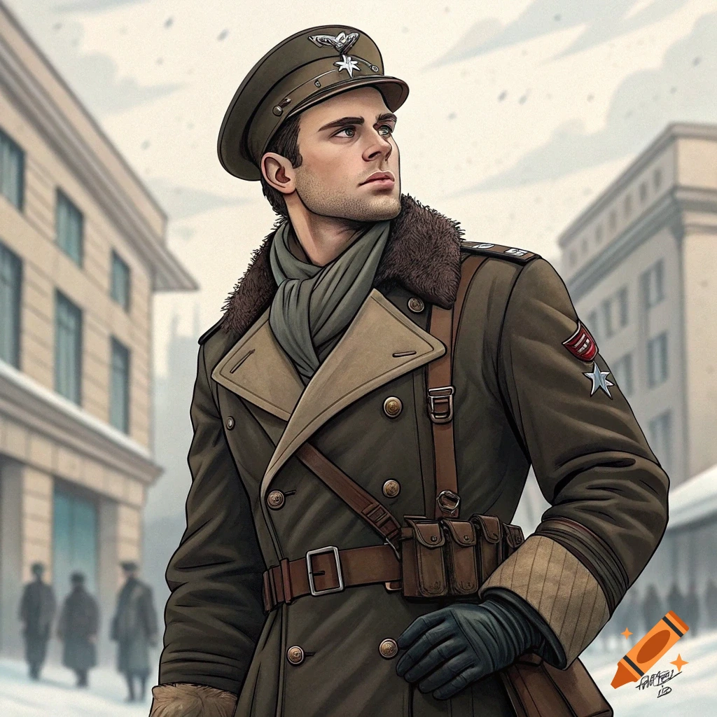 A man in a 1940s military coat and hat stands in a snowy street.
