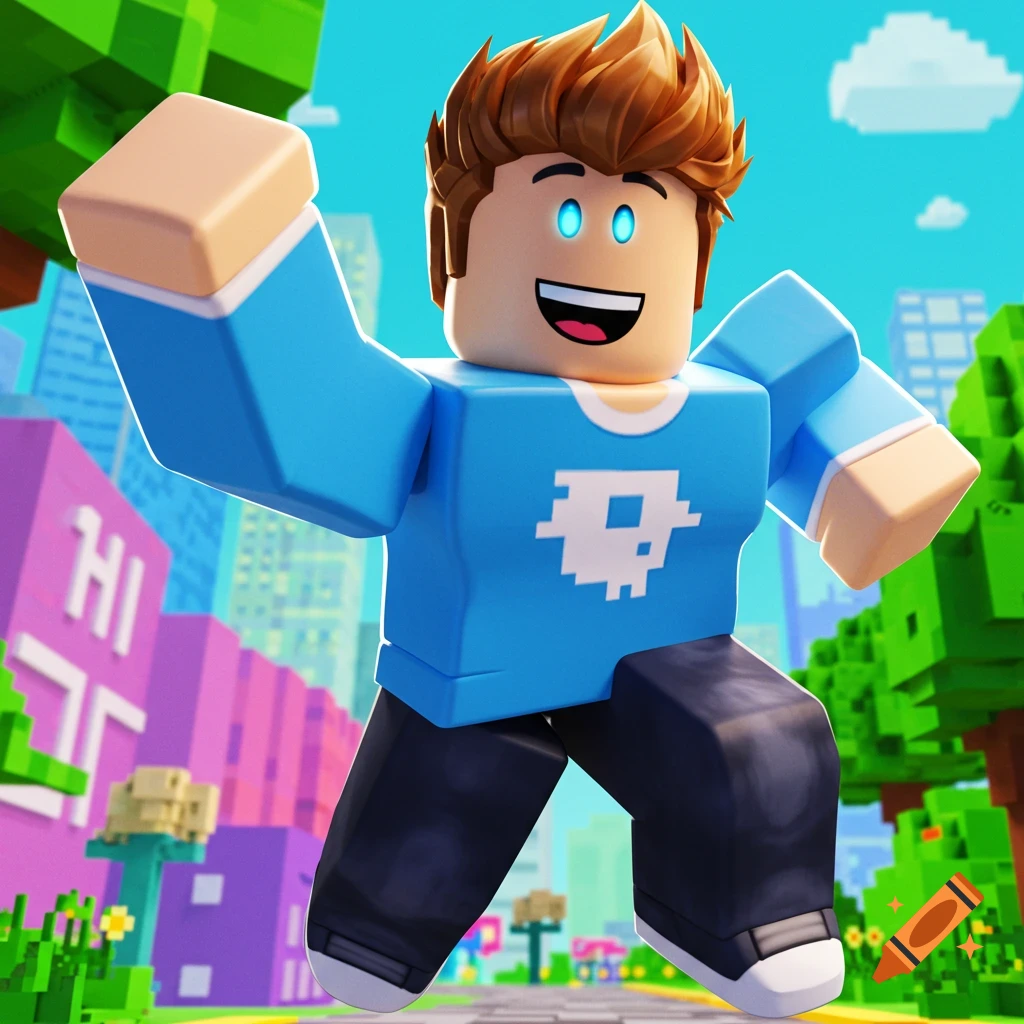A Roblox-style character jumps in a colorful blocky city.