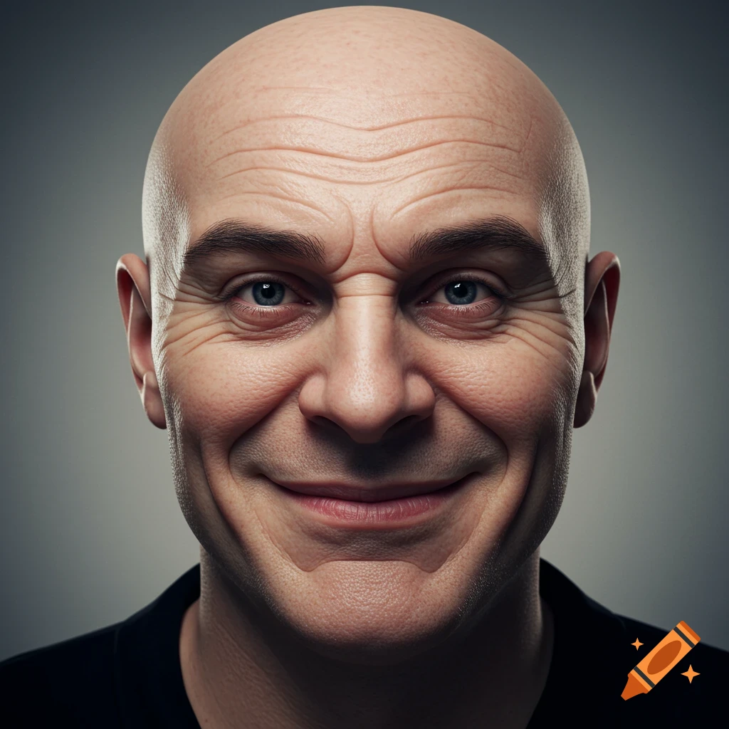 Realistic portrait of a smiling bald man with blue eyes and prominent wrinkles.