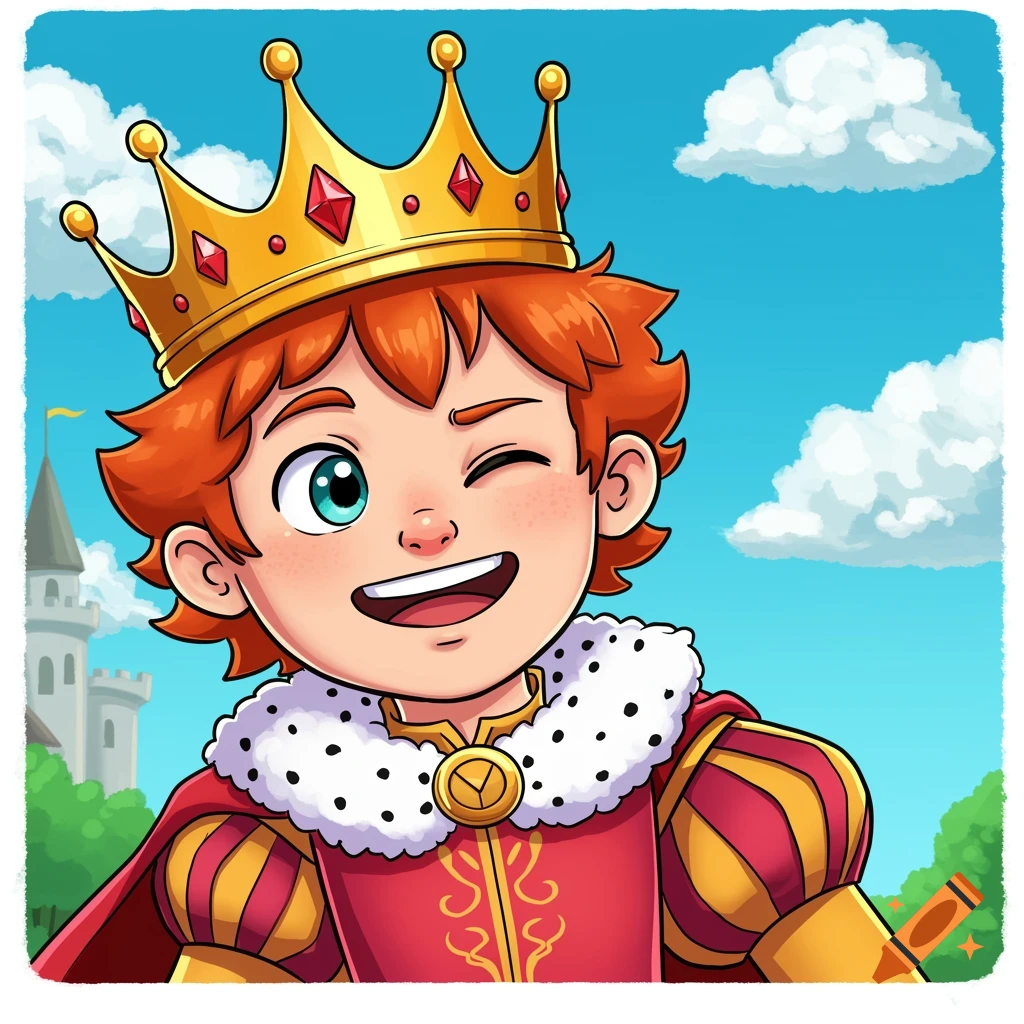Cartoon illustration of a young red-haired king winking and smiling, wearing a crown and cape, with a castle background.