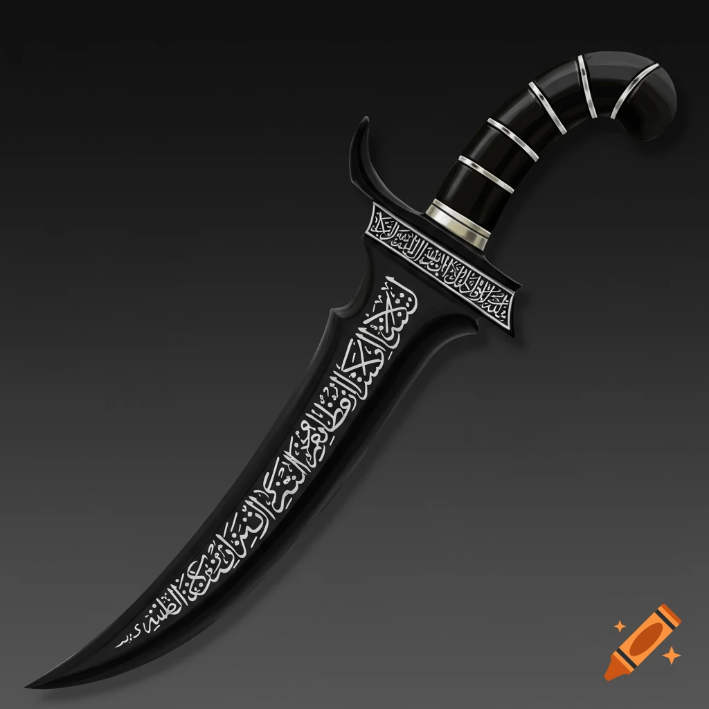 A black ceremonial Kris knife with silver script on the blade and handle