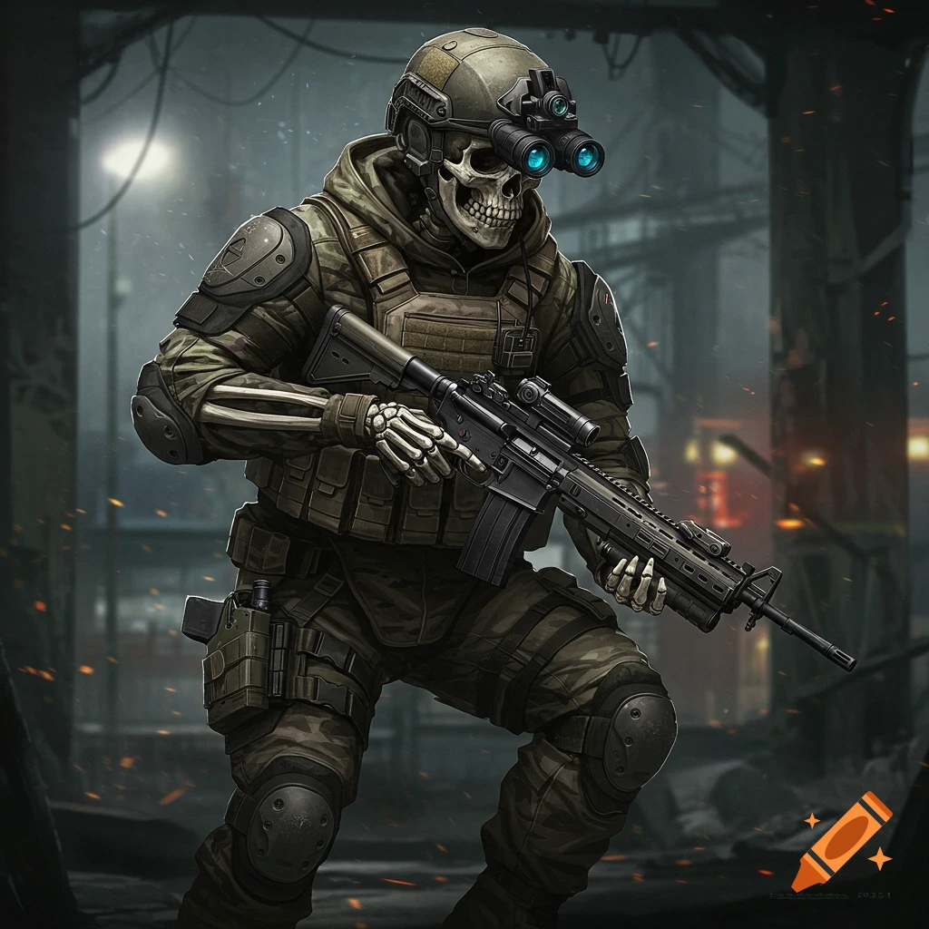A skeleton soldier in tactical gear holds a rifle in a dark, urban setting