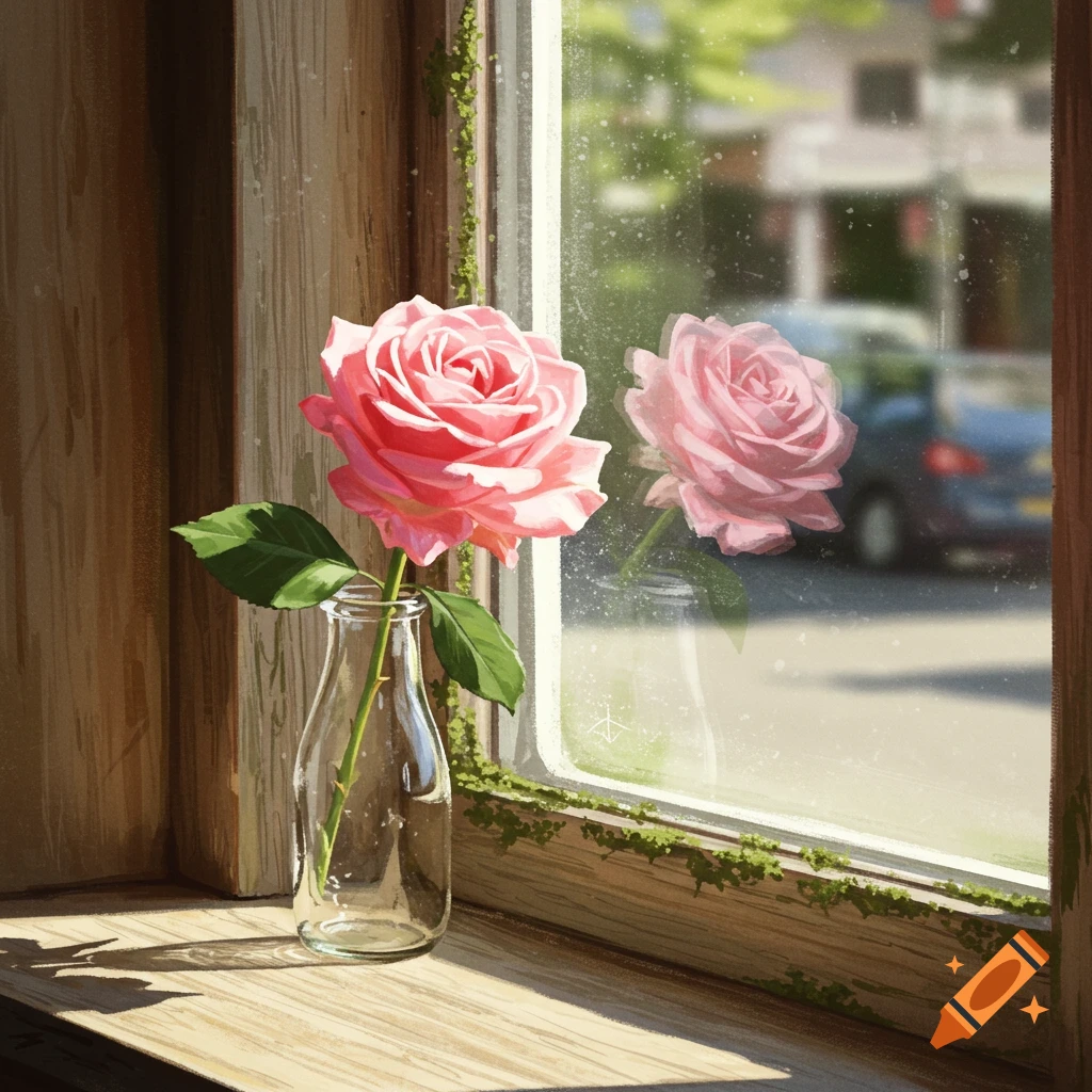 A pink rose in a vase on a windowsill with a street reflection visible.