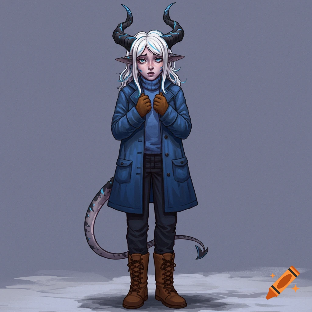 A shy fantasy woman with white hair, blue stripes, black horns, and a scaled tail stands in a blue coat and boots.